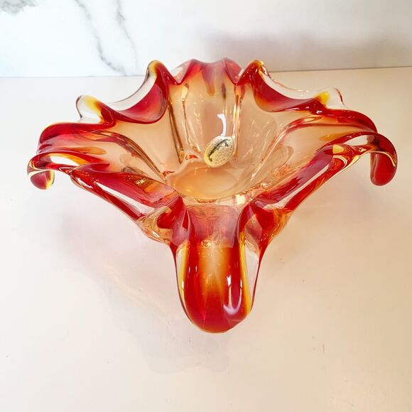 J.I. Co. Venetian Hand Blown Art Glass Bowl Red Italy Vintage Dish - Picture 4 of 5